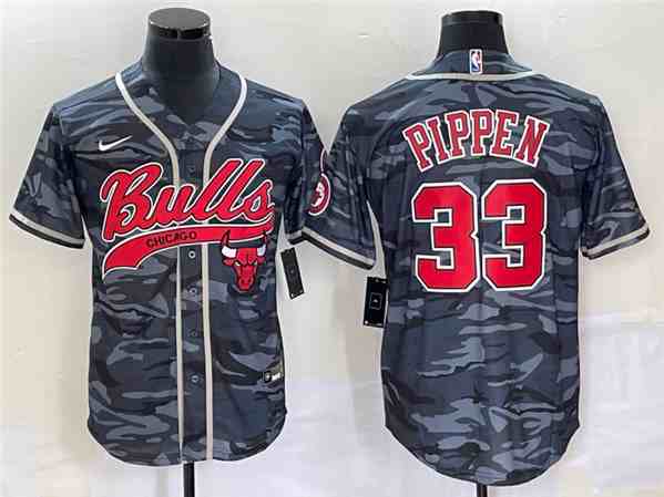 Men's Chicago Bulls #33 Scottie Pippen Gray button jersey