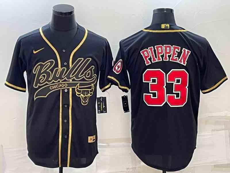 Men's Chicago Bulls #33 Scottie Pippen Black Gold With Patch button jersey