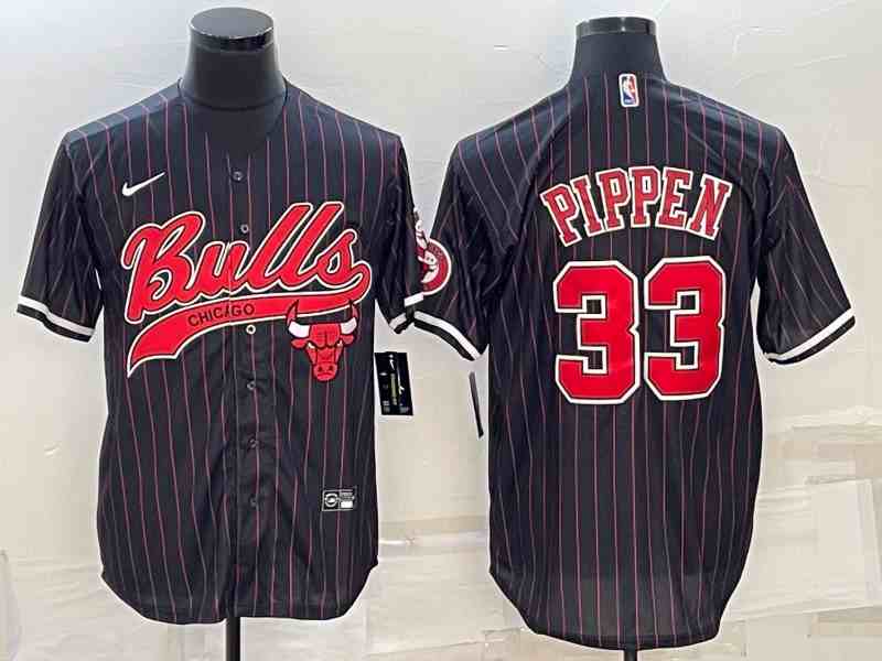 Men's Chicago Bulls #33 Scottie Pippen Black With Patch button jersey