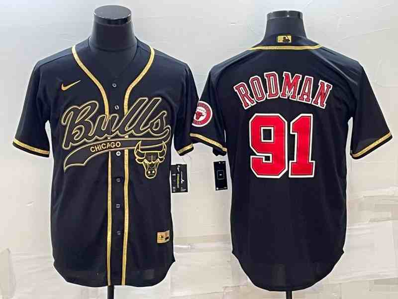 Men's Chicago Bulls #91 Dennis Rodman Black Gold With Patch button jersey