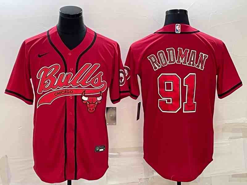 Men's Chicago Bulls #91 Dennis Rodman Red With Patch button jersey