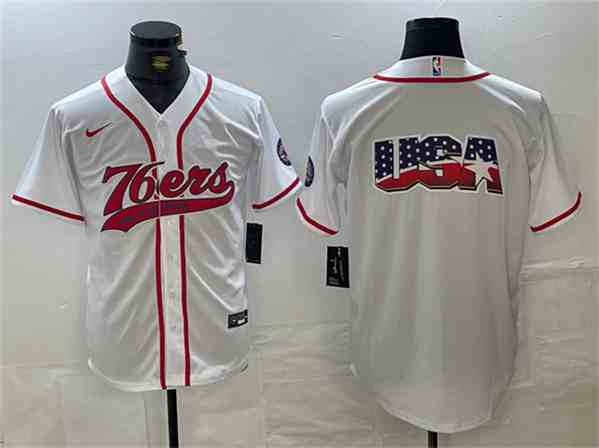 Men's Philadelphia 76ers Team Big Logo White button jersey (2)