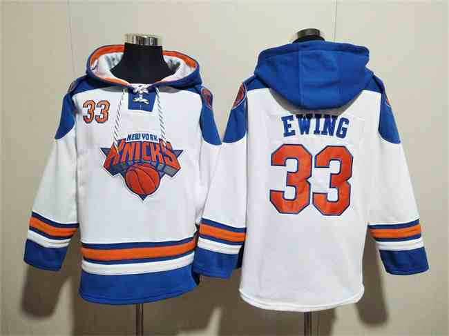 Men's New Yok Knicks #33 Patrick Ewing White Lace-Up Pullover Hoodie