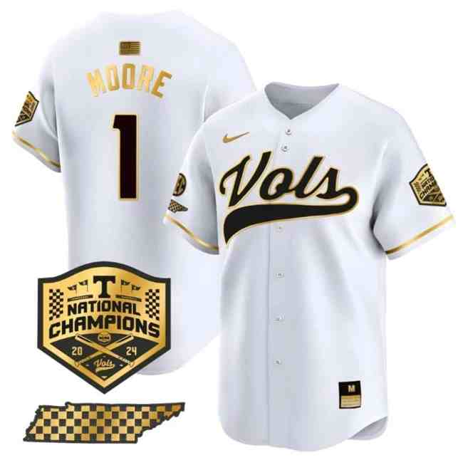 Men's Tennessee Volunteers #1 Christian Moore White Gold 2024 national  Champions Vapor Limited Stitched Jersey