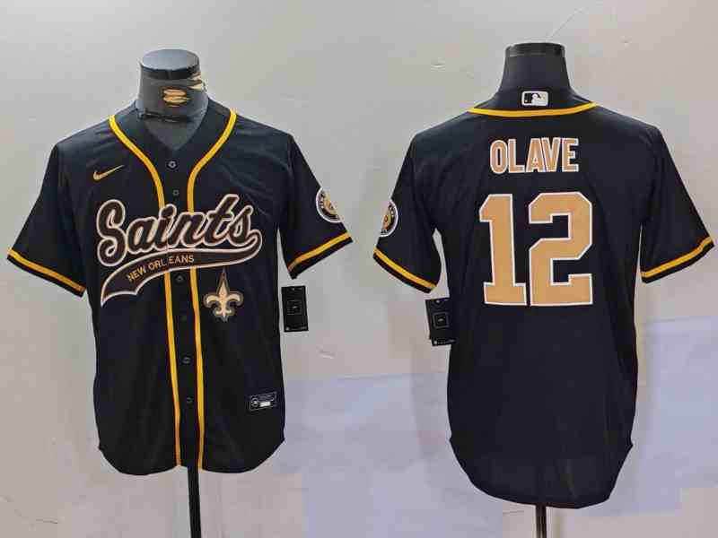 Men's New Orleans Saints #12 Chris Olave Black Cool Base Stitched Button Jersey (2)-2