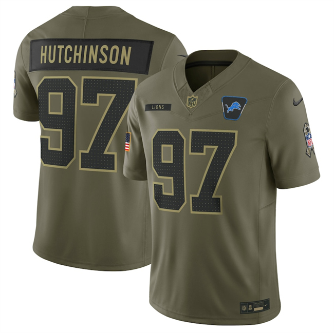 Men's Detroit Lions #97 Aidan Hutchinson Olive 2025 F.U.S.E. Salute To Service Limited Stitched Football Jersey