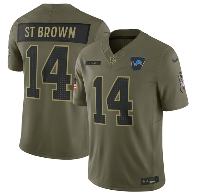 Men's Detroit Lions #14 Amon-Ra St. Brown Olive 2025 F.U.S.E. Salute To Service Limited Stitched Football Jersey