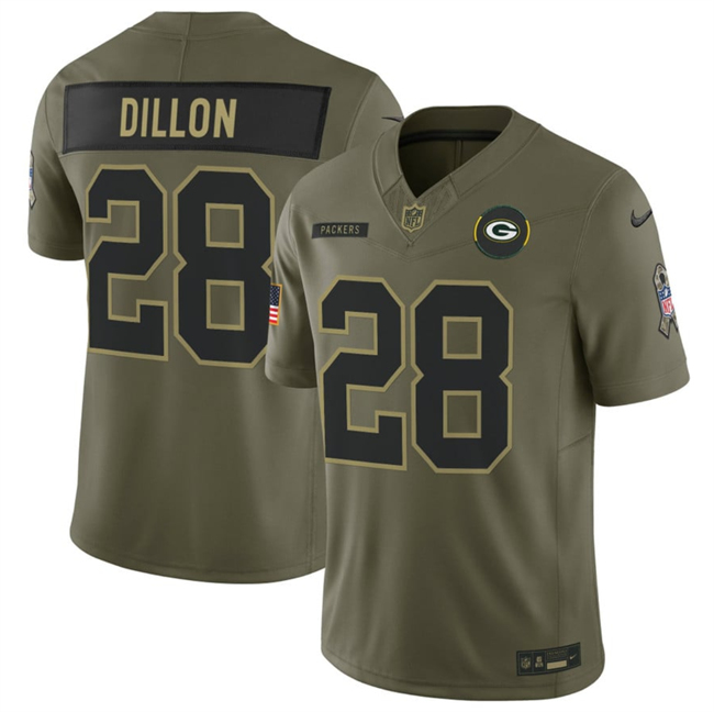 Men's Green Bay Packers #28 A. J. Dillon Olive 2025 F.U.S.E. Salute To Service Limited Stitched Football Jersey