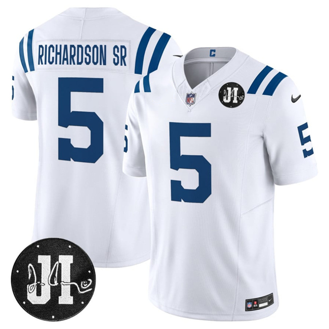 Men's Indianapolis Colts #5 Anthony Richardson White 2025 F.U.S.E. Jim Irsay Patch Vapor Limited Stitched Football Jersey