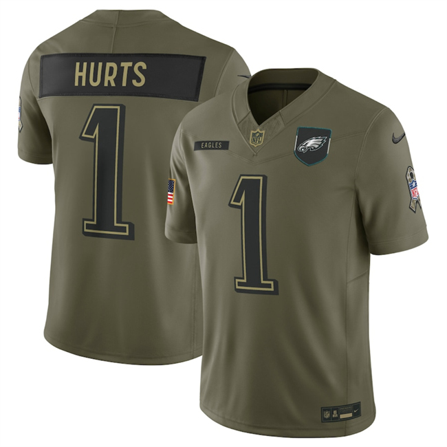 Men's Philadelphia Eagles #1 Jalen Hurts Olive 2025 F.U.S.E. Salute To Service Limited Stitched Football Jersey
