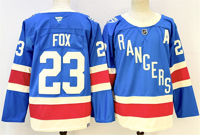 Men's New York Rangers #23 Adam Fox Blue With A Patch Stitched Hockey Jersey