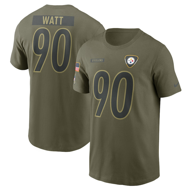 Men's Pittsburgh Steelers #90 T.J. Watt Olive 2025 Salute To Service Name & Number T-Shirt