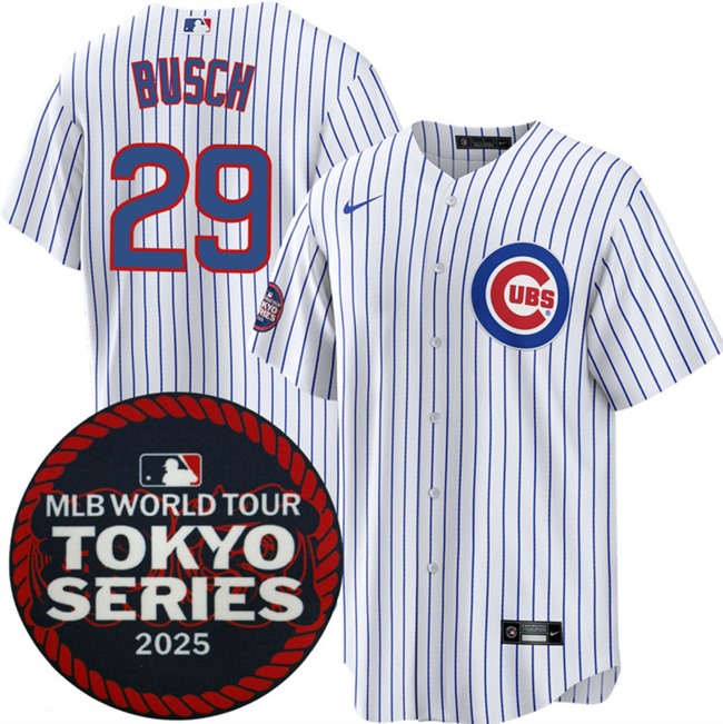 Men's Chicago Cubs #29 Michael Busch White 2025 World Tour Tokyo Series Home Cherry Blossoms Baseball Jersey