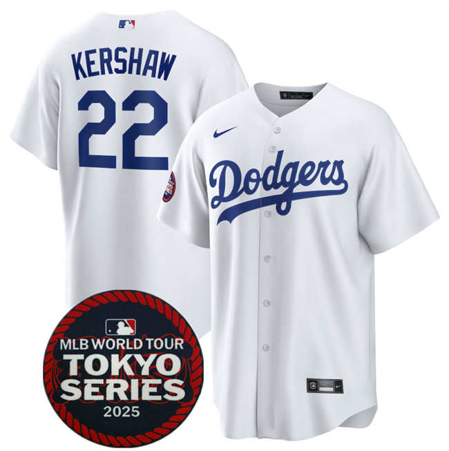 Men's Los Angeles Dodgers #22 Clayton Kershaw White 2025 World Tour Tokyo Series Home Cherry Blossoms Baseball Jersey