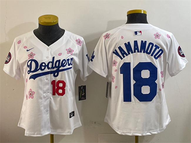 Women's Los Angeles Dodgers #18 Yoshinobu Yamamoto White 2025 Tokyo Series Limited Cherry Blossoms Baseball Jersey(Run Small)