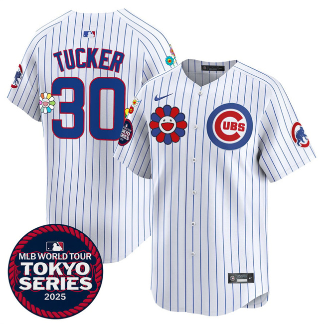 Men's Chicago Cubs #30 Kyle Tucker White 2025 Tokyo Series Limited Cherry Blossoms Baseball Jersey