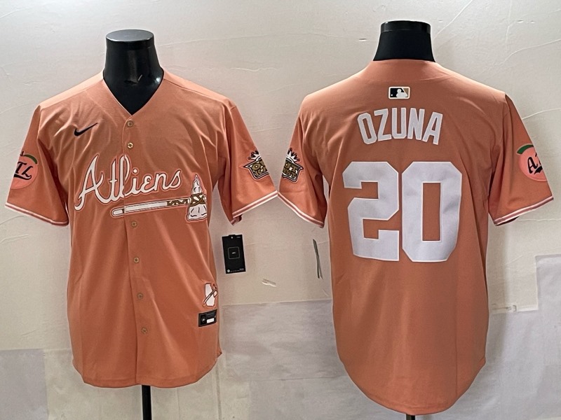 Men's Atlanta Braves #20 Marcell Ozuna Peach 2024 Atliens & Peach With Outkast Patch Vapor Limited Stitched Baseball Jersey