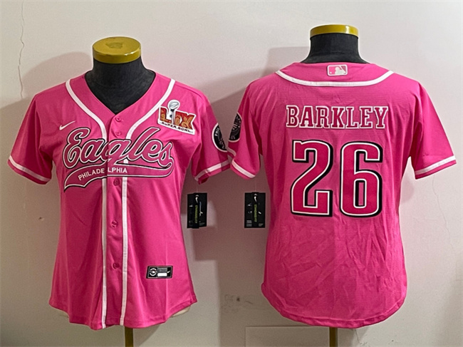 Youth Philadelphia Eagles #26 Saquon Barkley Pink 2025 Super Bowl LIX Patch Cool Base Stitched Baseball Jersey