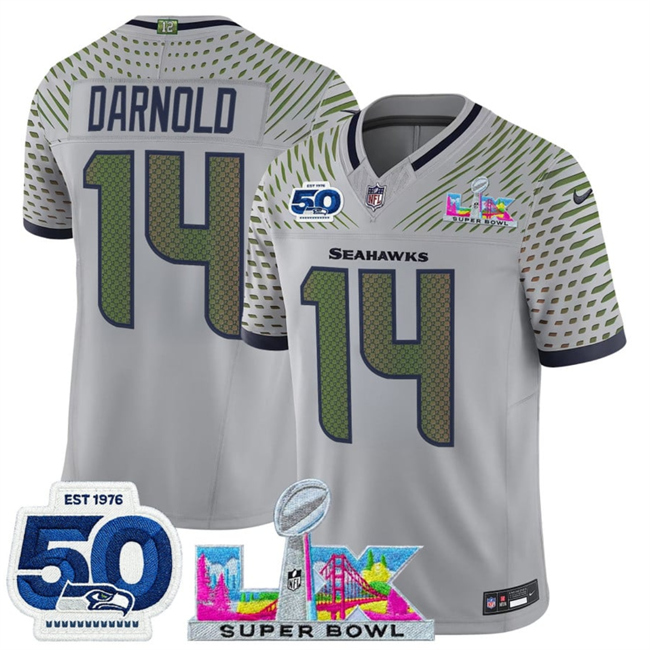 Men's Seattle Seahawks #14 Sam Darnold Grey 2026 F.U.S.E. Super Bowl LX Patch And 50th Season Patch “Rivalries” Vapor Limited Stitched Football Jersey