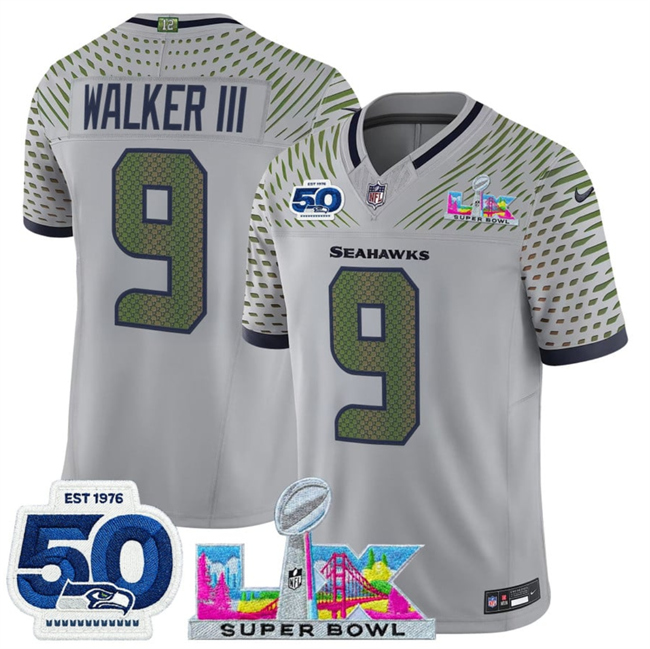 Men's Seattle Seahawks #9 Kenneth Walker III Grey 2026 F.U.S.E. Super Bowl LX Patch And 50th Season Patch “Rivalries” Vapor Limited Stitched Football Jersey