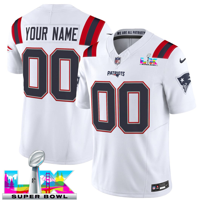 Men's New England Patriots Active Player Custom White 2026 F.U.S.E. Super Bowl LX Patch Vapor Limited Stitched Football Jersey
