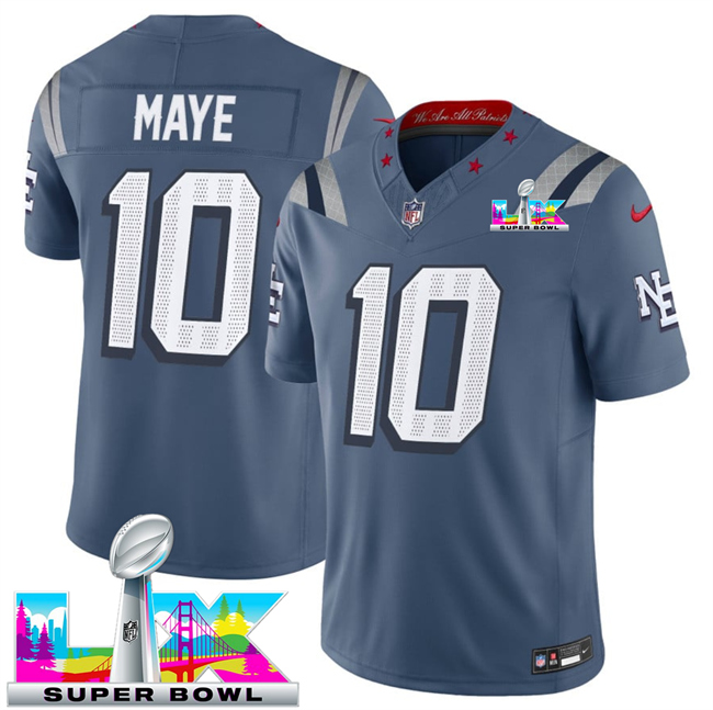 Men's New England Patriots #10 Drake Maye Storm Blue 2026 F.U.S.E. Super Bowl LX Patch “Rivalries” Vapor Limited Stitched Football Jersey