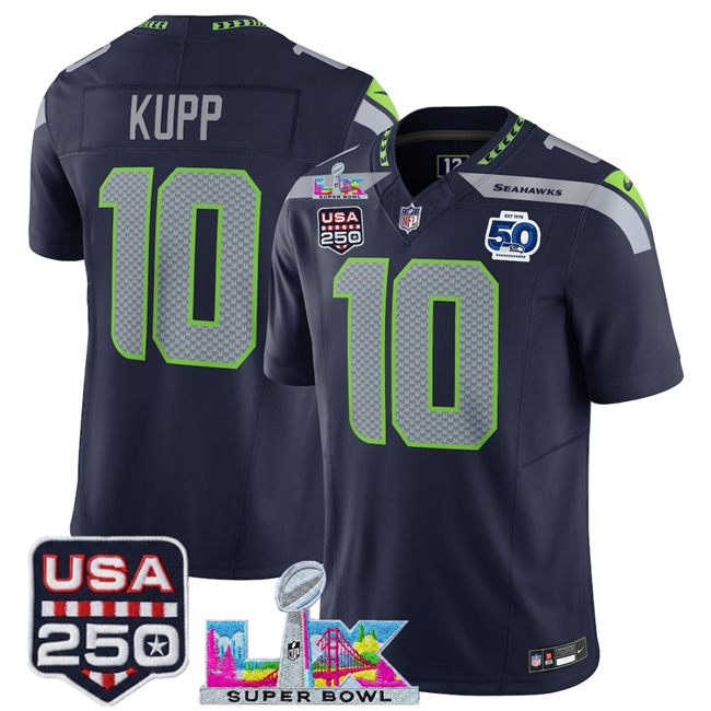 Men's Seattle Seahawks #10 Cooper Kupp Navy 2026 F.U.S.E. Super Bowl LX Patch And 50th Season Patch Vapor Limited Stitched Football Jersey