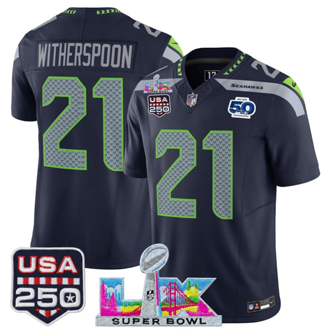 Men's Seattle Seahawks #21 Devon Witherspoon Navy 2026 F.U.S.E. Super Bowl LX Patch And 50th Season & USA 250' Patch Vapor Limited Football Stitched Jersey
