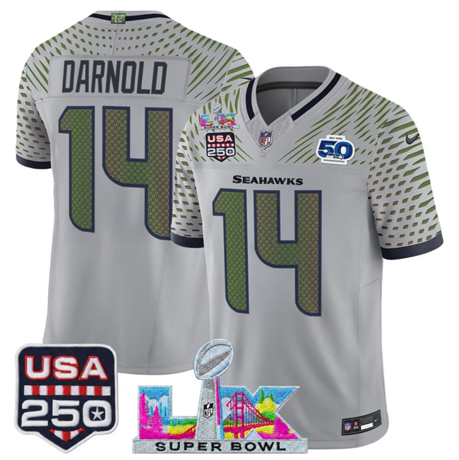 Men's Seattle Seahawks #14 Sam Darnold Gray 2026 F.U.S.E. Super Bowl LX & US 250th Anniversary Patch And 50th Season Patch “Rivalries” Vapor Limited Football Stitched Jersey