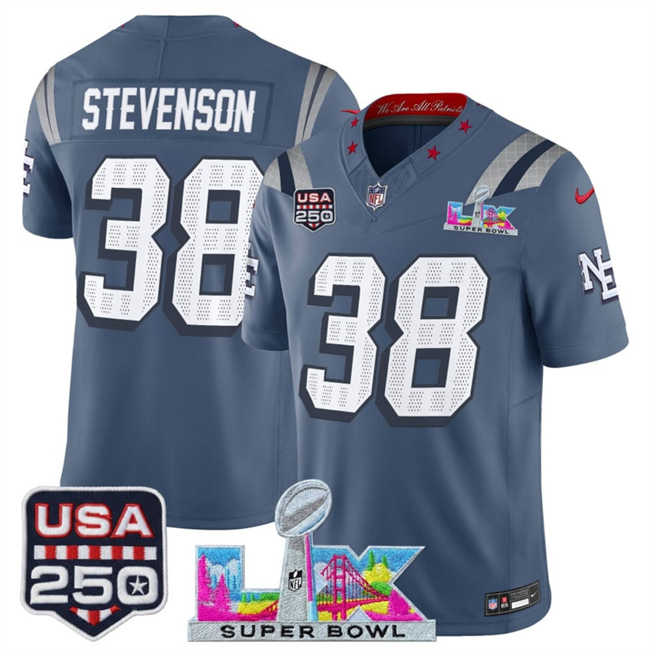 Men's New England Patriots #38 Rhamondre Stevenson Storm Blue 2026 F.U.S.E. Super Bowl LX & USA 250' Patch “Rivalries” Vapor Limited Football Stitched Jersey