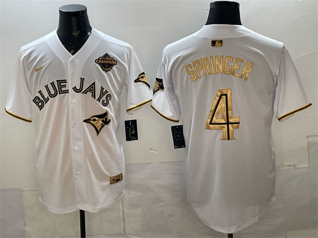 Men's Toronto Blue Jays #4 George Springer White Gold 2025 American League Champions Limited Stitched Baseball Jersey