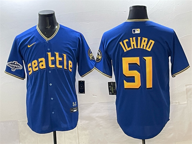 Men's Seattle Mariners #51 Ichiro Suzuki Royal With 2025 AL West Division Champions Patch Limited Stitched Jersey