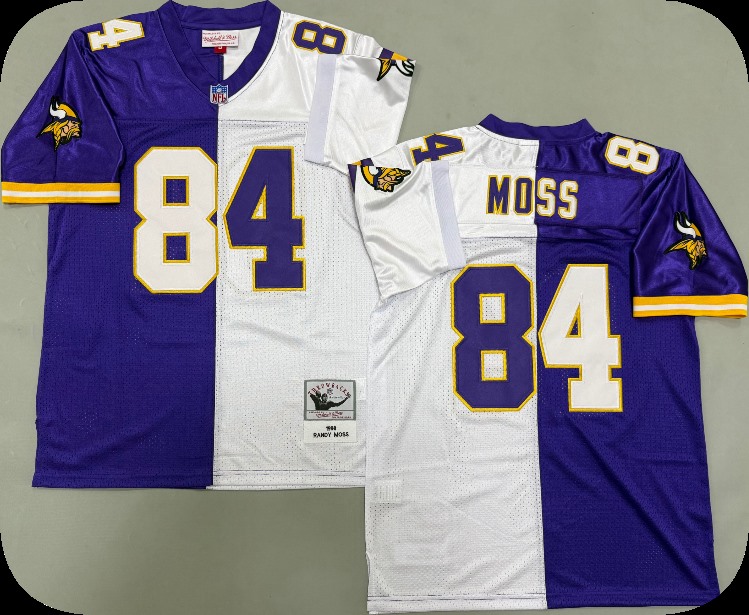 Men's Minnesota Vikings #84 Randy Moss 1998 Purple White Split Two Tone Throwback Jersey