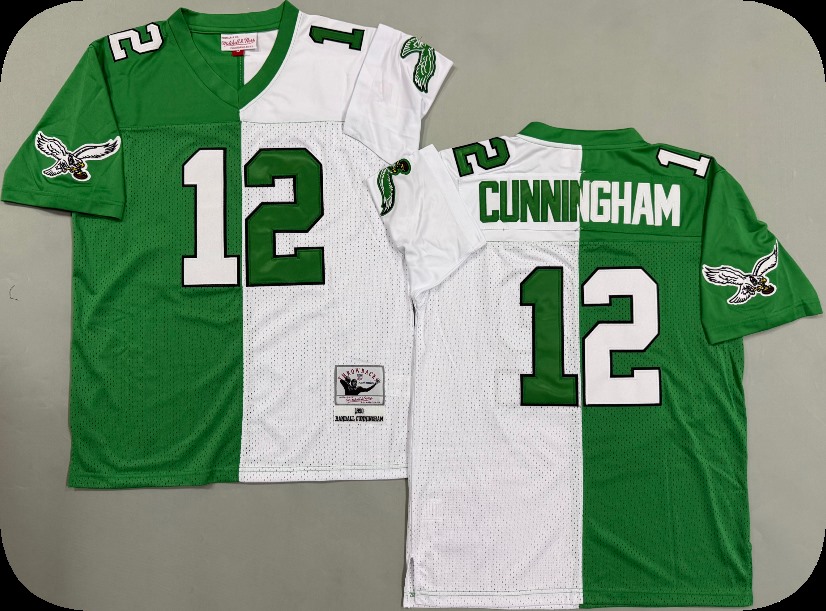 Men's Philadelphia Eagles #12 12 Randall Cunningham 1990 Kelly Green White Split Two Tone Throwback Jersey