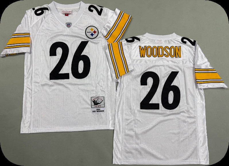 Men's Pittsburgh Steelers #26 Rod Woodson 1994 Road White Circular Number Throwback Jersey