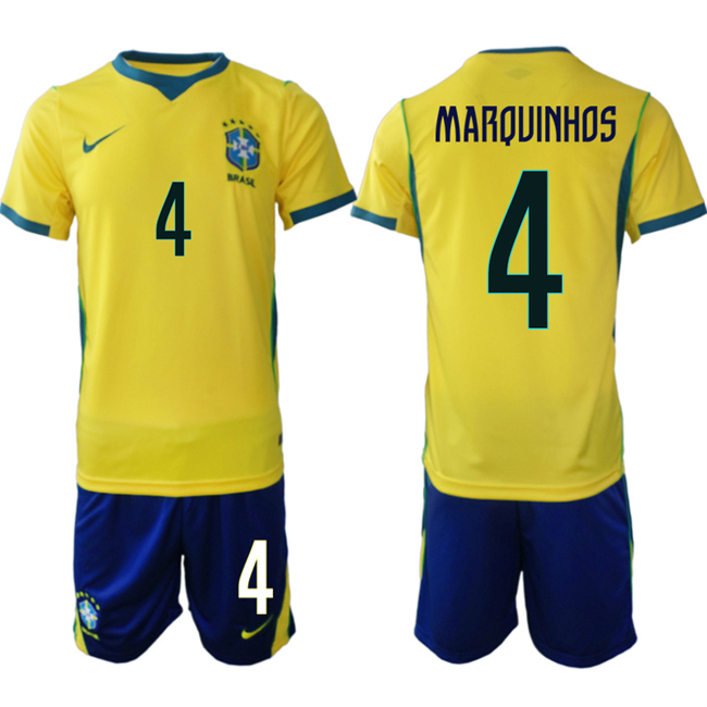 Men's Brazil National Football Team #4 Marquinhos Yellow Home 2026 Soccer Jersey Suit