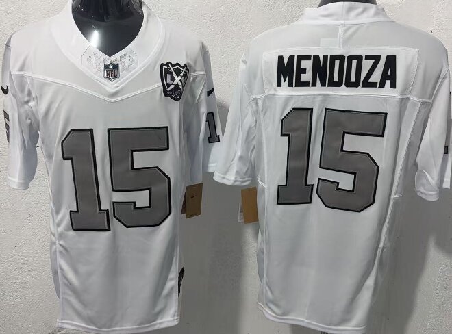 Men's Las Vegas Raiders #15 Fernando Mendoza White 2026 F.U.S.E With Nevada Silver Stat Patch And 65th Anniversary Patch Stitched Football Jersey