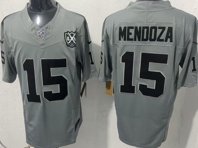 Men's Las Vegas Raiders #15 Fernando Mendoza Grey 2026 F.U.S.E With Nevada Silver Stat Patch And 65th Anniversary Patch Stitched Football Jersey