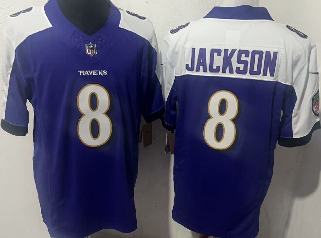 Men's Baltimore Ravens #8 Lamar Jackson Purple Alternate 2026 F.U.S.E Jacoby Jones Patch Vapor Limited Football Jersey