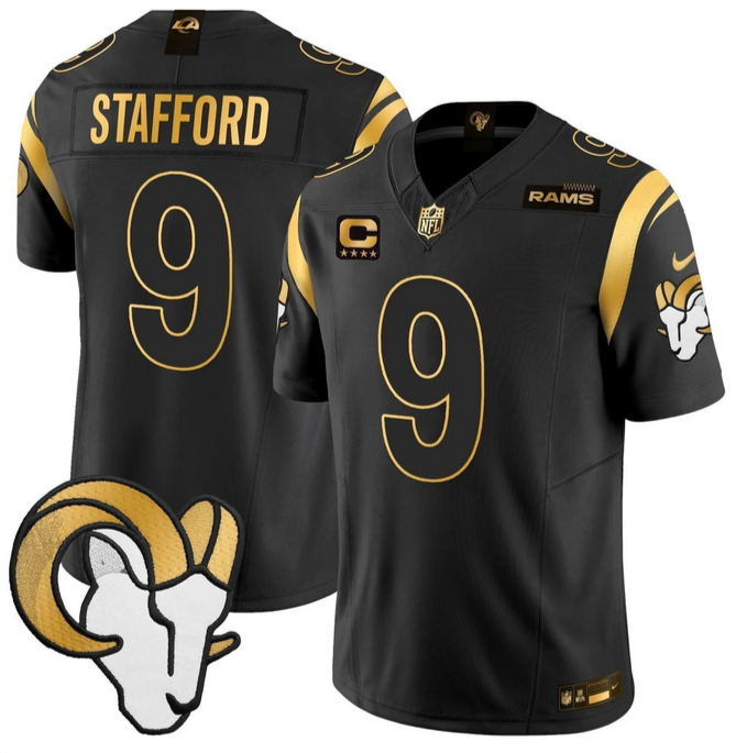 Men's Los Angeles Rams #9 Matthew Stafford Black Gold 2025 F.U.S.E. With 4-Star C Patch Vapor Untouchable Stitched Football Jersey