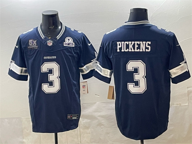 Men's Dallas Cowboys #3 George Pickens Navy F.U.S.E. With 5x Super Bowl Champions & Established In 1960 Patch Vapor Limited Stitched Football Jersey
