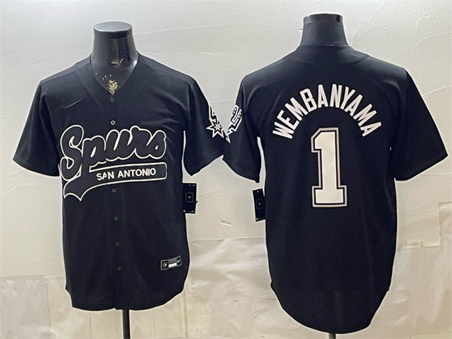 Men's San Antonio Spurs #1 Victor Wembanyama Black Stitched Baseball  Jersey